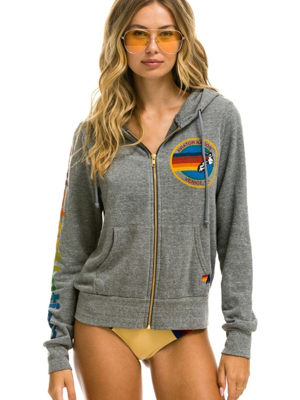 Aviator Nation Gray Zip-Up Hoodie with Rainbow Patch